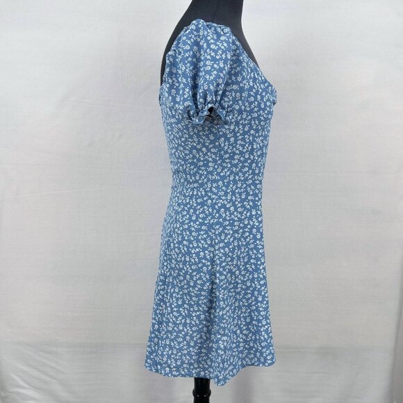 Shein Womens Small Blue Floral Puff Sleeve Sweetheart Mini Summer Dress Zip Back - Picture 2 of 10